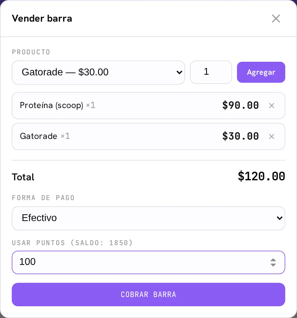El modal de vender barra con el campo Usar puntos: 100 puntos aplicados sobre una venta de $120