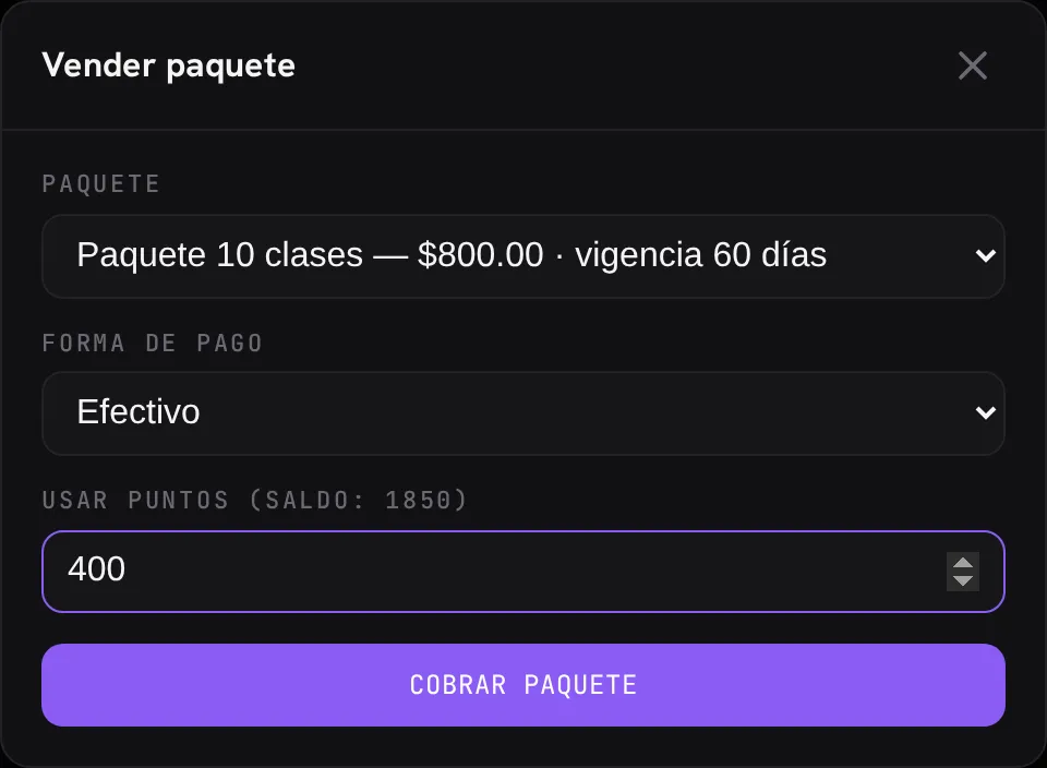 El modal de vender paquete con el campo Usar puntos: 400 puntos aplicados sobre un paquete de $800