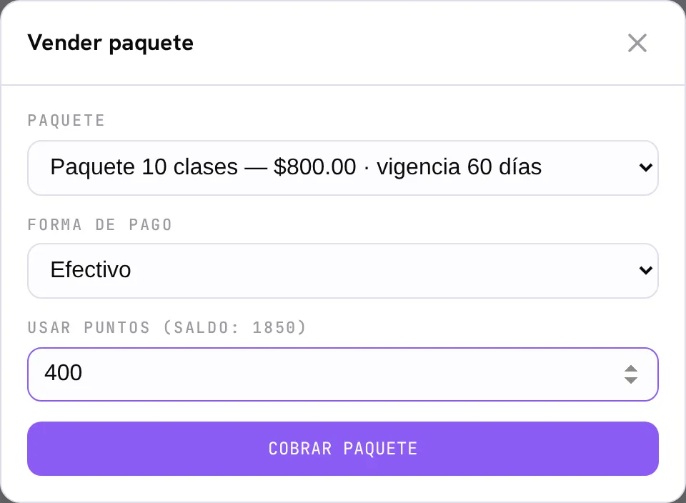 El modal de vender paquete con el campo Usar puntos: 400 puntos aplicados sobre un paquete de $800