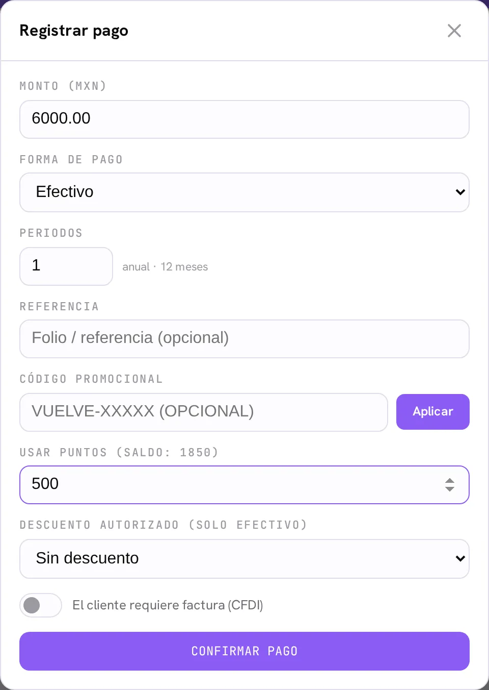 El modal de registrar el pago de la membresía con el campo Usar puntos, junto al código promocional: 500 puntos aplicados