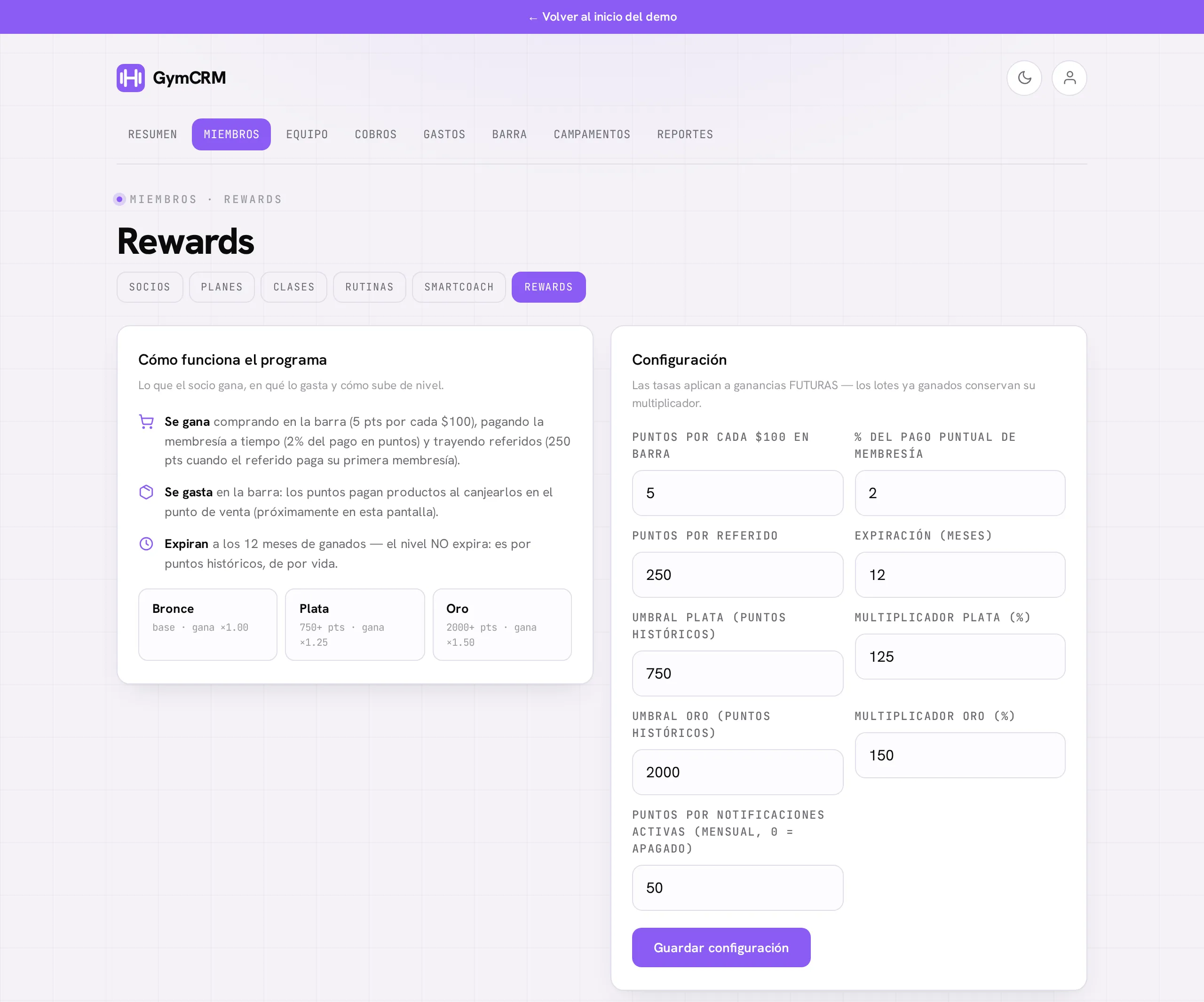 El panel de Rewards: a la izquierda cómo funciona el programa con los tres niveles, a la derecha la configuración con tasas, umbrales, multiplicadores y vigencia
