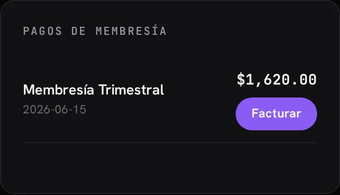 Pagos de membresía disponibles para facturar a tu nombre en el portal