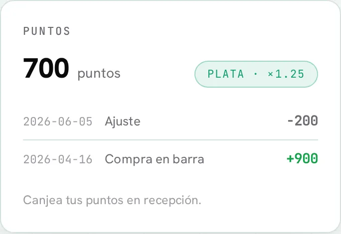 Puntos, nivel Plata con su multiplicador e historial de movimientos