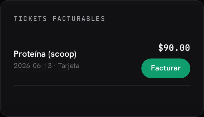 Lista de tickets facturables, cada uno con el botón Facturar
