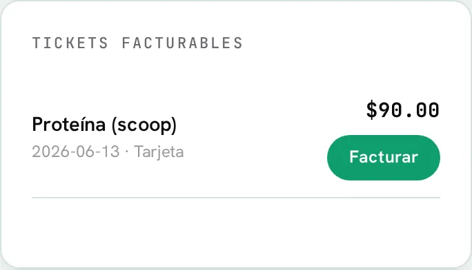 Lista de tickets facturables, cada uno con el botón Facturar
