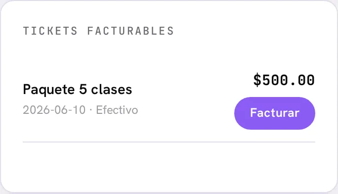 Lista de tickets facturables, cada uno con el botón Facturar